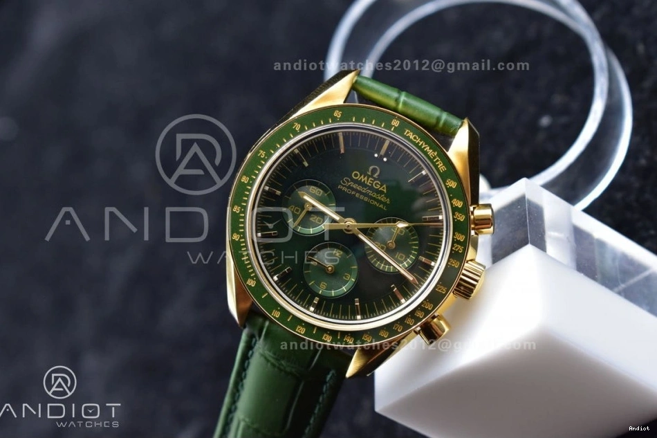 Manual Dial Moonwatch YG Green Speedmaster Strap Moonshine Green in Chrono Leather RMF Gold on Best Edition 0101